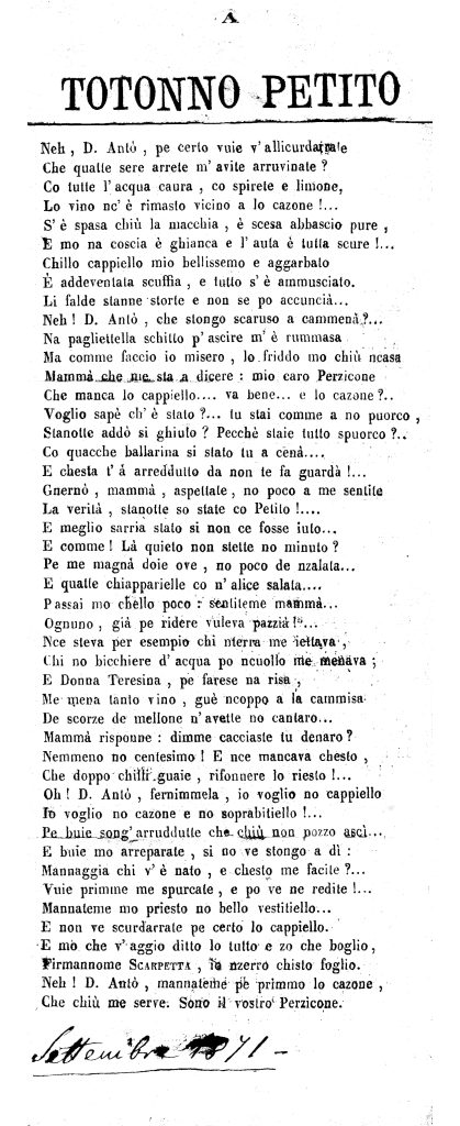 L'autografo di una poesia che Eduardo Scarpetta dedicò ad Antonio Petito in occasione di uno dei tanti scherzi che questi era solito fare tra gli attori della sua compagnia