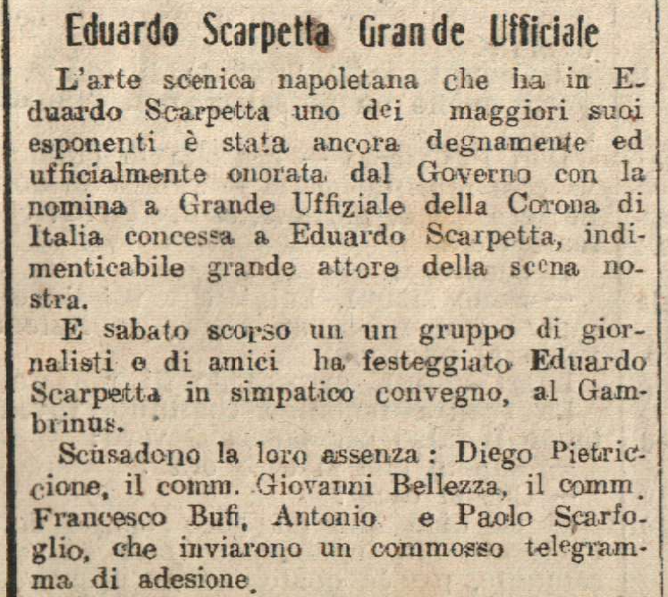 Un articolo in occasione della nomina di Eduardo Scarpetta a Grande Ufficiale della Corona di Italia il 20 Giugno 1922.