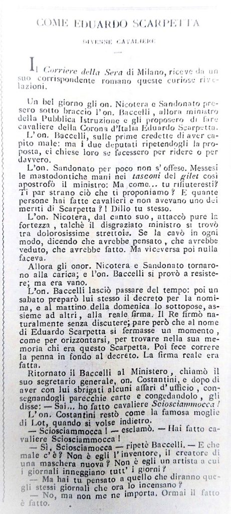 Un articolo in occasione della nomina di Eduardo Scarpetta a Cavaliere della Corona di Italia.